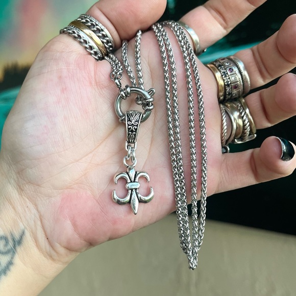 SET ! Fleur de lis / lys stainless steel double wheat chain necklace + earrings - Picture 7 of 14